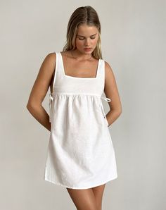 Kawase Tie Side Mini Dress in Linen White Linen Sleepwear, Summer Dress For Women, White Linen Fabric, Summer Bodycon Dress, Sleepwear Dress, Black Satin Dress, Linen White, Party Dress Long Sleeve, Bandeau Dress