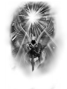 a black and white photo of a clock with angel wings