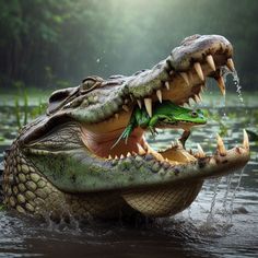 two crocodiles are in the water with their mouths open and one is biting another's teeth