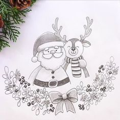 a drawing of santa and reindeer with pine cones