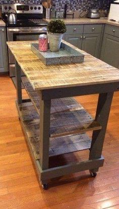 a kitchen island with a potted plant sitting on it's shelf next to the stove