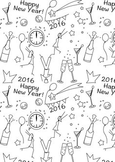 new year's eve coloring pages for adults and children with numbers, glasses, champagne bottles, clock, stars