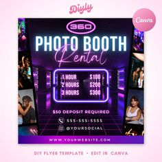 a flyer for a photo booth event with photos and neon lights on the wall, in front of a pink background