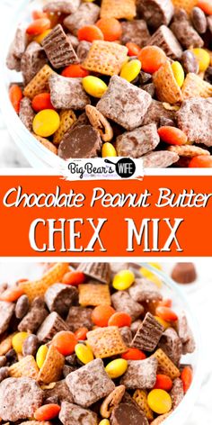 chocolate peanut butter chex mix in a bowl with the words, chocolate peanut butter chex mix