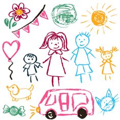 a child's drawing of family and car