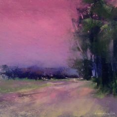 an abstract painting of trees and grass in front of a pink sky with purple clouds