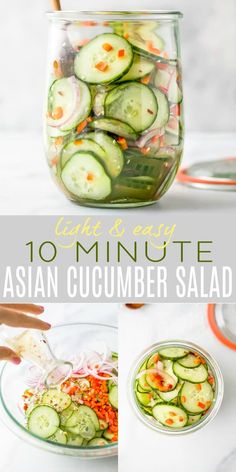 10 Minute Asian Cucumber Salad Recipe made with crunchy cucumber, onion, rice wine vinegar, and a few secret ingredients! An easy Cucumber Salad that's guaranteed to be a hit. Light, refreshing and super flavorful - makes the perfect side dish or condiment. #glutenfree #dairyfree #healthy #lowcalorie #best #cucumbers #cucumbersalad #salad Cucumber Salad In A Jar, Asian Cucumber Salad Recipe, Koreansk Mad, Salad Taco, Onion Rice, Salad Macaroni, Easy Cucumber Salad, Cucumber Onion, Cucumber Salad Recipe