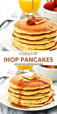 pancakes are stacked on top of each other with syrup