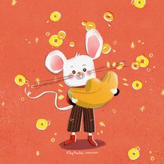 a cartoon mouse holding a banana in its hands