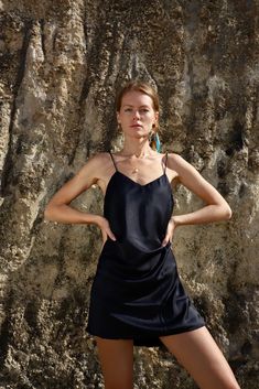 (1) Upcycled Black Slip Dress – Makara wear Black Satin Slip Dress, Handmade Swimsuit, Long Sleeve Swimwear, Black Silk Dress, Slow Fashion Movement, Black Slip Dress, Sustainable Swimwear, Silky Dress, Satin Slip