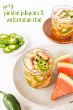 pickled jalapeno and watermelon rind in jars with peppers on the side