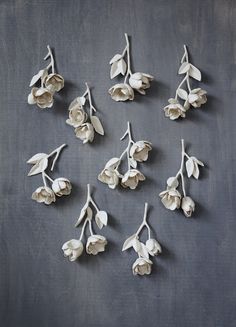 white flowers are arranged on a gray surface