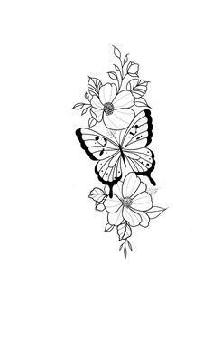 a black and white drawing of flowers with a butterfly on the top of one flower