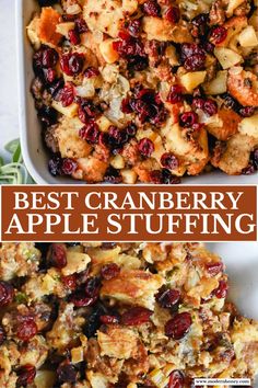 the best cranberry apple stuffing is in a casserole dish and it's ready to be eaten