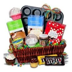 a basket filled with lots of different types of food and candy on top of a table