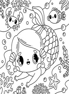 the little mermaid is swimming in the ocean with her friends coloring pages for kids and adults