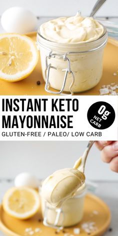 the ingredients to make instant keto mayonnaise are shown on a yellow plate