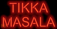 the words tikka masala are lit up in red neon letters on a black background