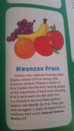 an open book with pictures of fruits and vegetables on it's front cover, which includes information about the different kinds of fruit