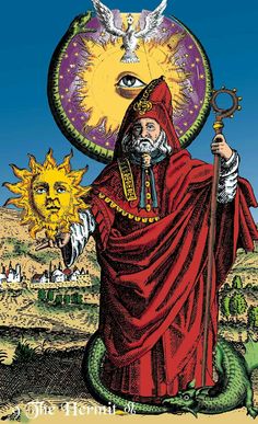 an image of a man in red robes holding a sun and moon above his head