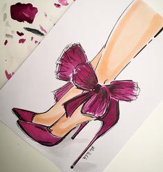 a drawing of a woman's high heeled shoe with a bow on the side