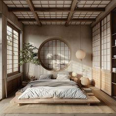 a bed room with a neatly made bed and a round mirror on the wall above it