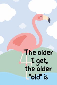 a pink flamingo standing on top of a green hill with the words, the older i get, the older i'd is