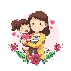 a woman holding a child in her arms with flowers and hearts around it on a white background