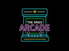 the space arcade neon sign is lit up in purple, green and blue colors on a black background