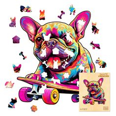 an image of a colorful dog on a skateboard