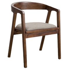 a wooden chair with a gray seat cushion on it's back and armrests