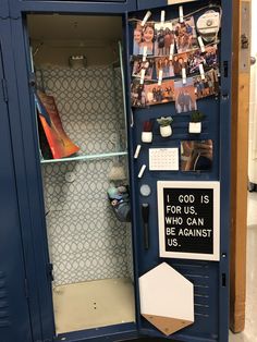 a blue locker with pictures and magnets on the door is filled with notes, photos, and other things