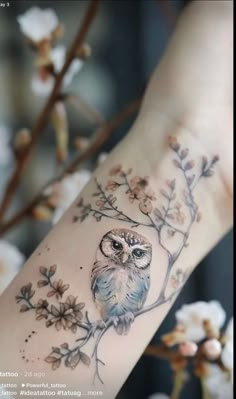 an owl is sitting on a branch with flowers