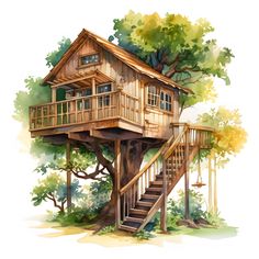 a tree house with stairs leading up to the upper floor and second story above it