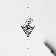 an ink drawing of a wave coming out of the ocean into a triangle with lines on it