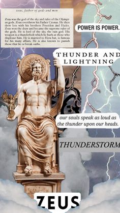 an image of a statue with lightning in the background and text below it that reads, thunder and lightning