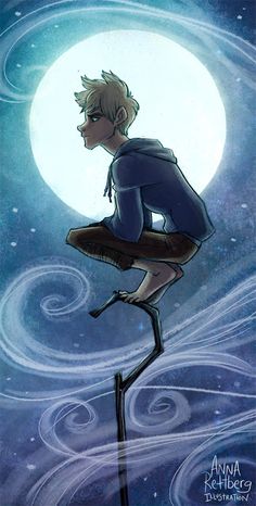 a boy sitting on top of a chair in front of a full moon