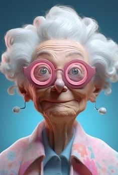 an old woman with pink glasses on her face