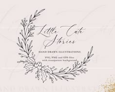 a hand drawn wreath with the words little cat fries on it and gold glitters