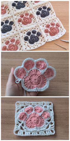 crocheted dog paw dishcloth pattern is shown in three different colors and sizes