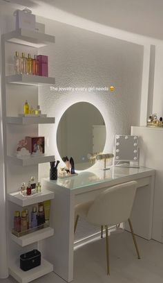 a white desk topped with a mirror next to a shelf filled with personal care items