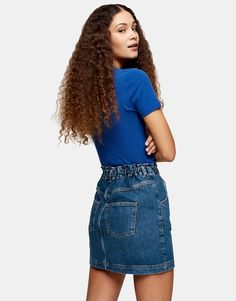 Topshop paperbag waist denim mini skirt in mid wash blue | ASOS Skirt Images, Americana Fashion, Genetically Modified, Topshop Outfit, Zara Basic, Denim Mini, Denim Mini Skirt, Recycled Cotton, Blue Fashion