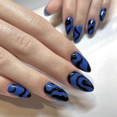 Blue And Black Nail Ideas, Stitches Nails, Tv Girl Nails, Cute Easy Nail Ideas, Alt Nails Designs, Black And Blue Nail Ideas, Avatar Nails, Cool Nail Ideas, Panda Nail Art