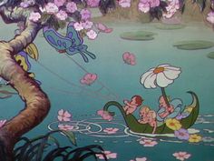 the little mermaids are riding on a boat in the water with pink flowers and butterflies