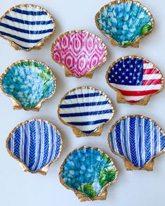 six decorative glass dishes with american flags on them