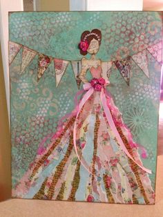 a card with an image of a woman in a dress and bunting on it