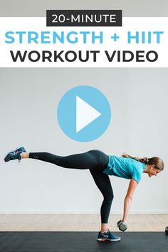 a woman doing a plank exercise with the text 20 - minute strength and hit workout video