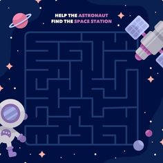 an astronaut is looking at the space station and it's maze game for kids