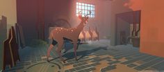 a deer is standing in the middle of a room