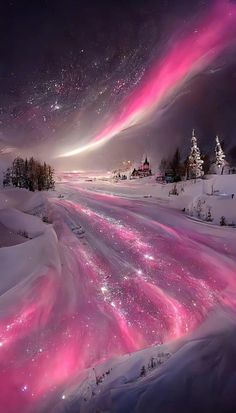 the sky is filled with pink and purple lights in this snowy landscape, as well as trees